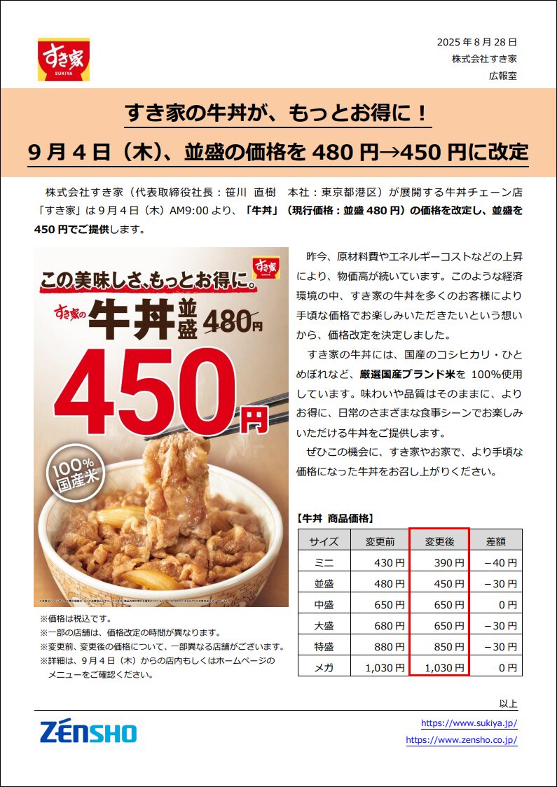 牛丼価格改定のお知らせ_すき家_2025年8月28日