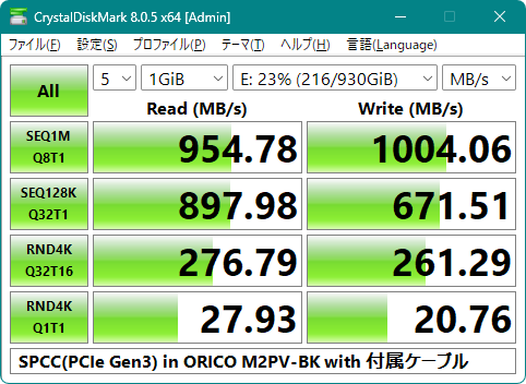 SPCC(PCIe Gen3) in ORICO M2PV-BK with 付属ケーブル