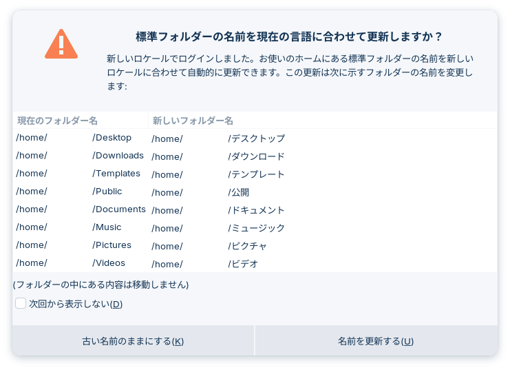標準フォルダーの名前を現在の言語に合わせて更新しますか