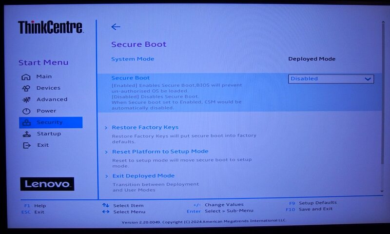 Secure BootをDisabled