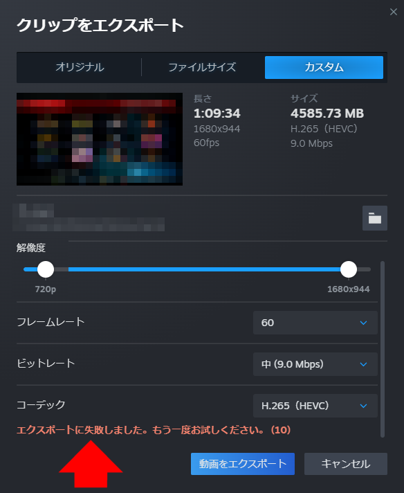 エクスポートに失敗しました(10)
